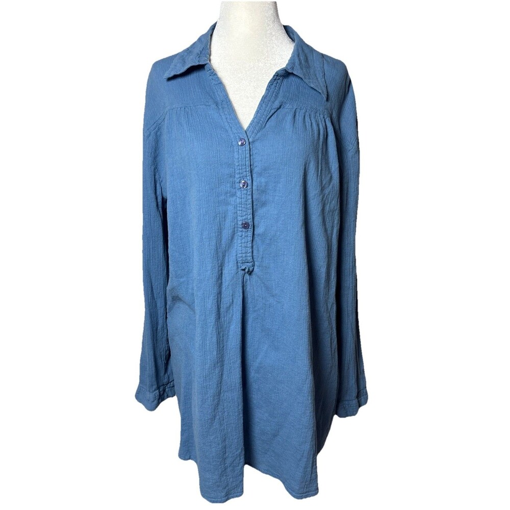 Womens 2X Cotton Crinkled tunic Blouse blue Minimalist comfy